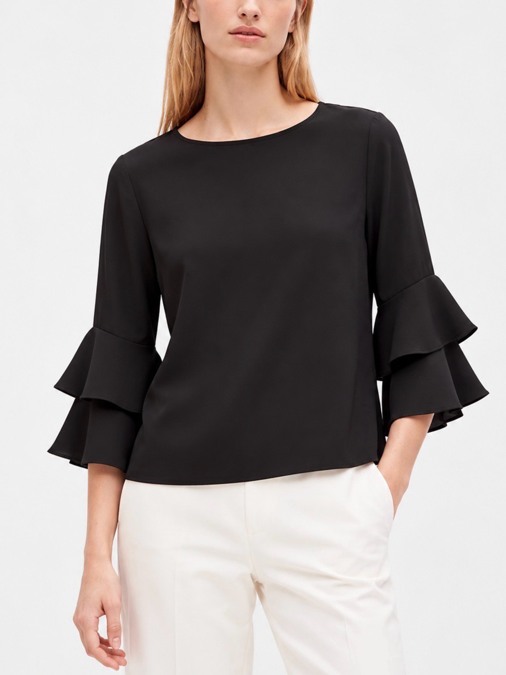J.Crew Black Ruffle Sleeve Blouse 3/4 Sleeve Size 12